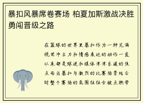 暴扣风暴席卷赛场 柏夏加斯激战决胜勇闯晋级之路