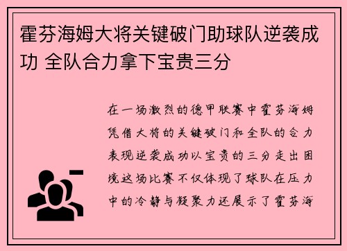 霍芬海姆大将关键破门助球队逆袭成功 全队合力拿下宝贵三分