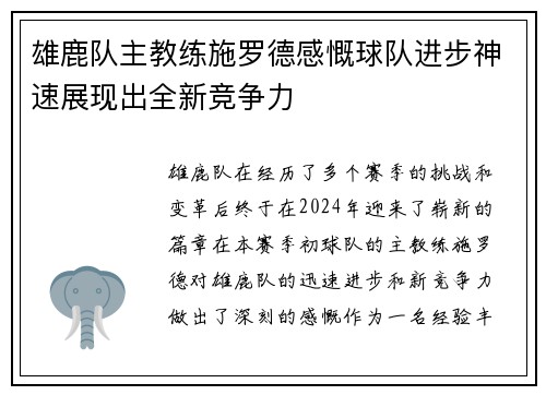 雄鹿队主教练施罗德感慨球队进步神速展现出全新竞争力