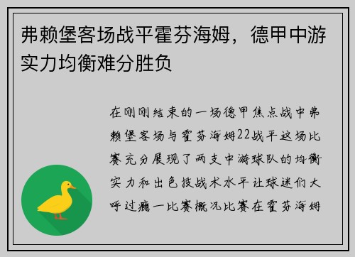 弗赖堡客场战平霍芬海姆，德甲中游实力均衡难分胜负