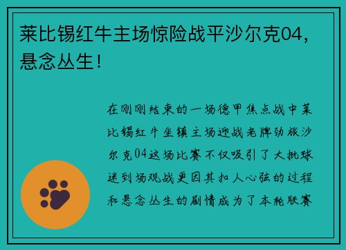 莱比锡红牛主场惊险战平沙尔克04，悬念丛生！