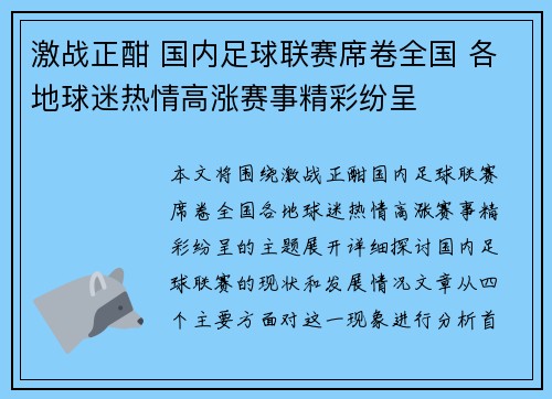 激战正酣 国内足球联赛席卷全国 各地球迷热情高涨赛事精彩纷呈