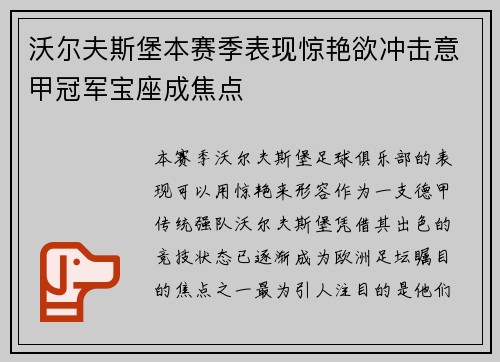 沃尔夫斯堡本赛季表现惊艳欲冲击意甲冠军宝座成焦点