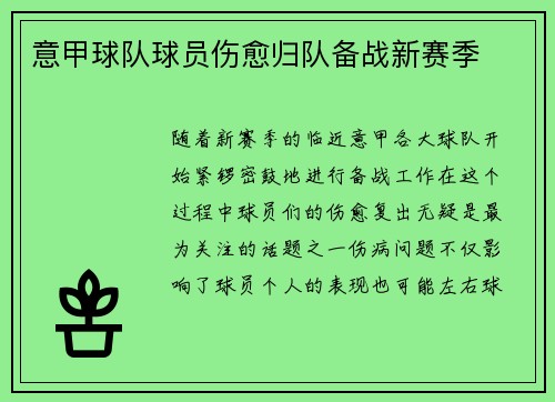 意甲球队球员伤愈归队备战新赛季