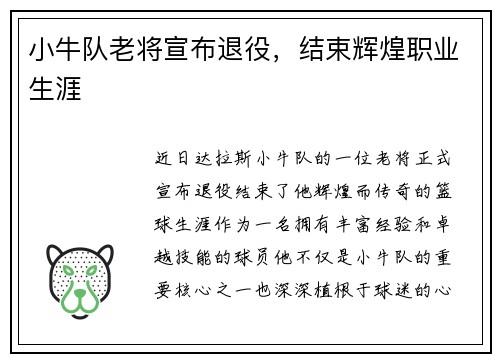 小牛队老将宣布退役，结束辉煌职业生涯