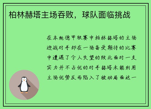 柏林赫塔主场吞败，球队面临挑战