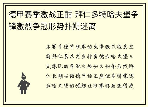 德甲赛季激战正酣 拜仁多特哈夫堡争锋激烈争冠形势扑朔迷离