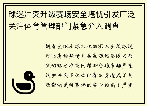 球迷冲突升级赛场安全堪忧引发广泛关注体育管理部门紧急介入调查